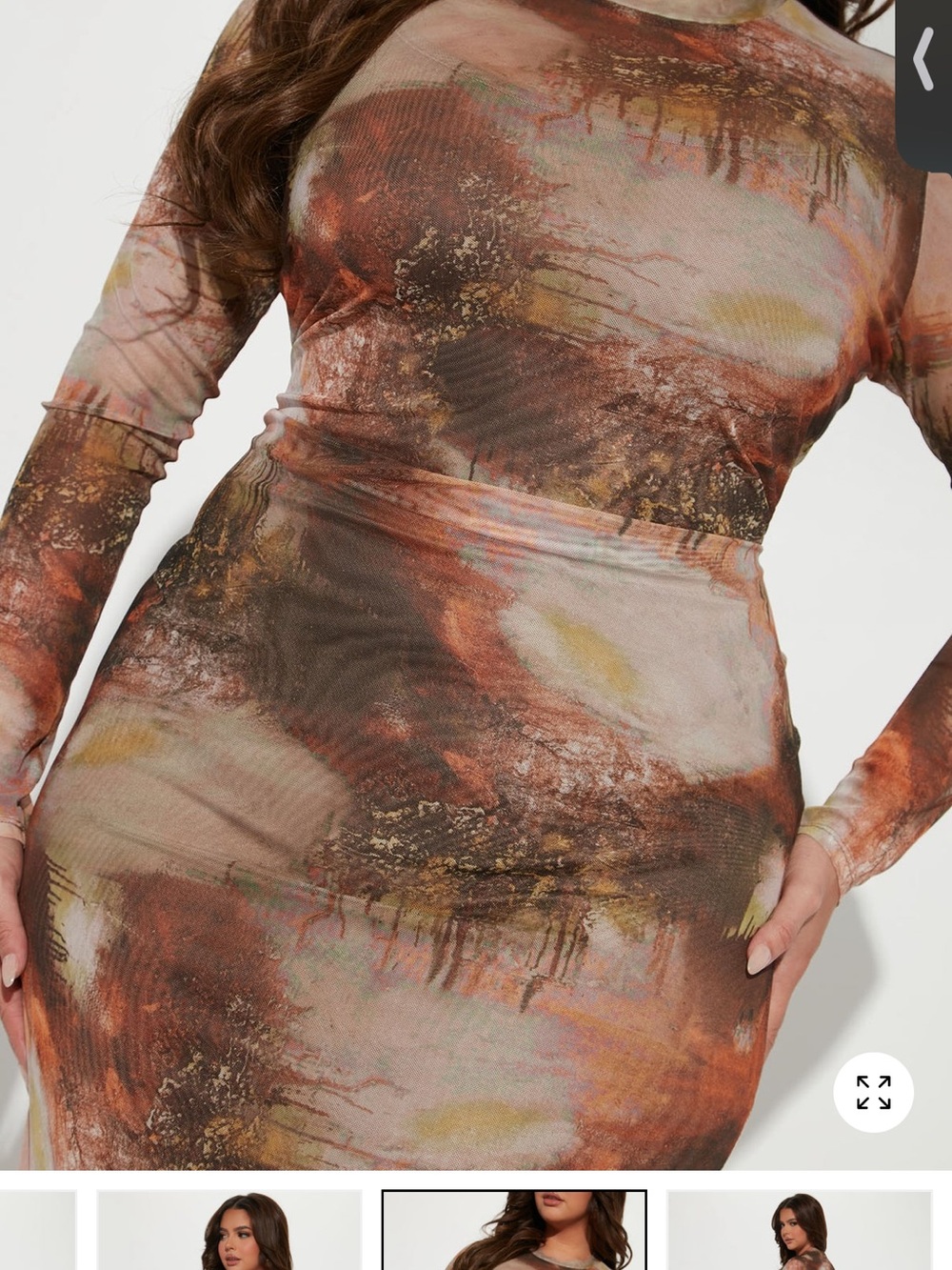 Mojave Mesh Long Sleeve Bodycon Maxi Dress in brown combo Rust Multi - Picture 5 of 7